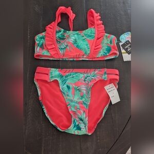 Macy's Coral and Green Ruffle Tropical Two-Piece Swim Set